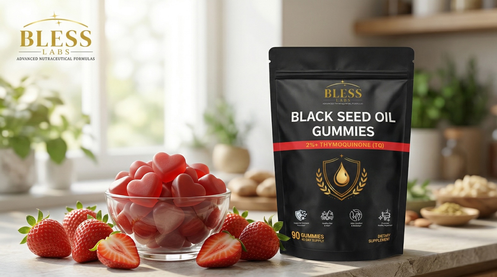 Bless Labs Black Seed Oil Gummies with strawberries