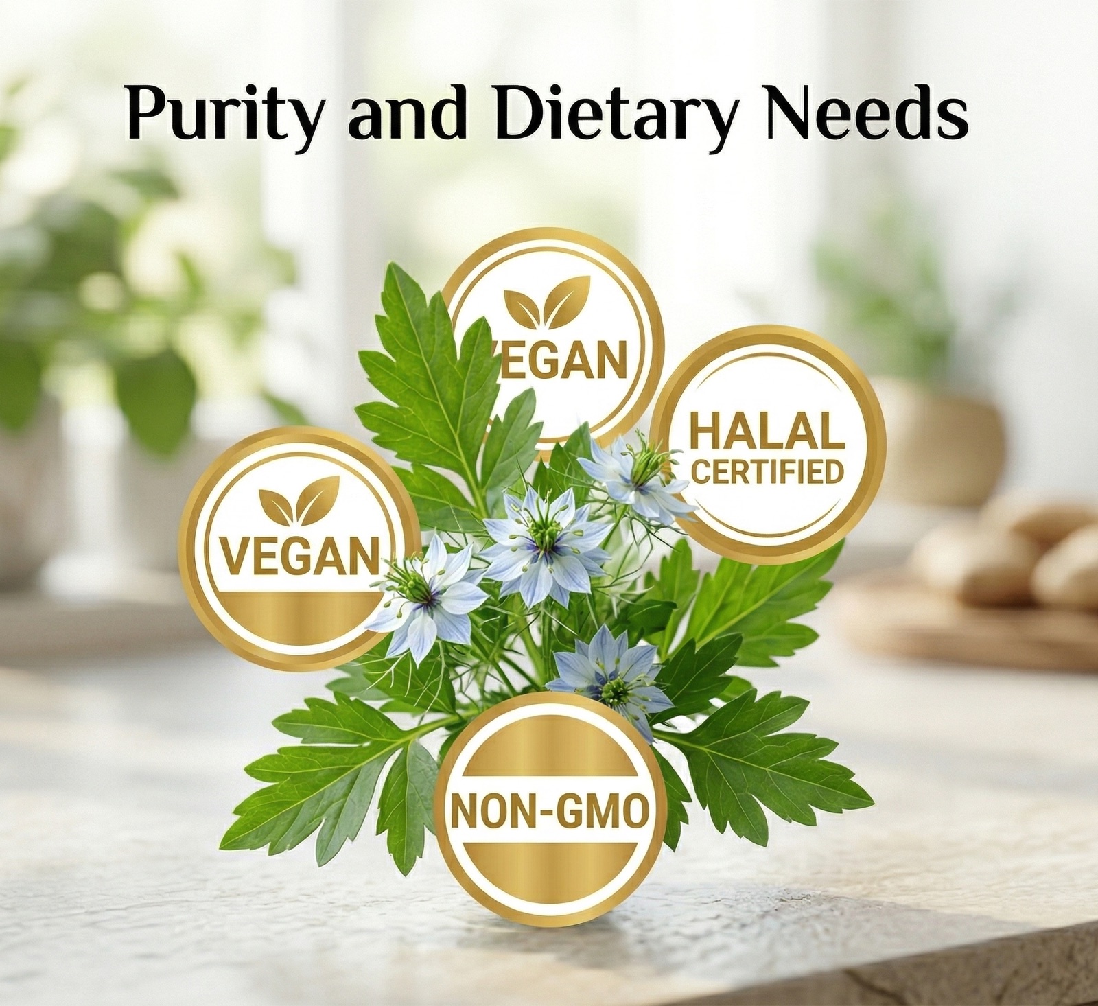 Vegan, Halal, Non-GMO badges